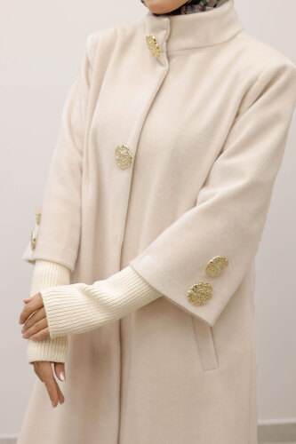 Kol Ucu Triko Detaylı Angora Fox Kaban TSD250246 Bej - 5