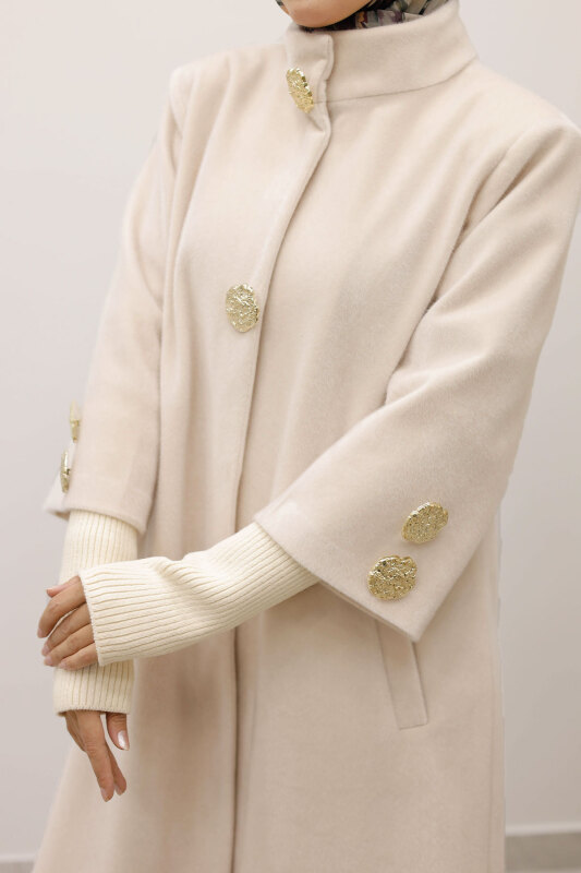 Kol Ucu Triko Detaylı Angora Fox Kaban TSD250246 Bej - 5