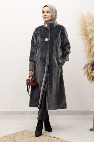 Kol Ucu Triko Detaylı Angora Fox Kaban TSD250246 Gri 