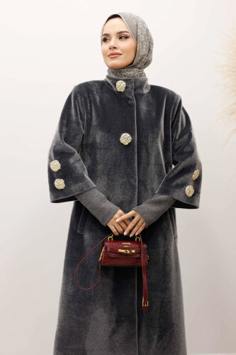 Kol Ucu Triko Detaylı Angora Fox Kaban TSD250246 Gri - 2