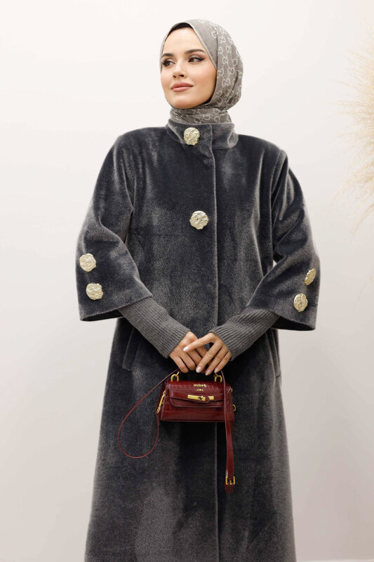 Kol Ucu Triko Detaylı Angora Fox Kaban TSD250246 Gri - Tesettür Dünyası (1)