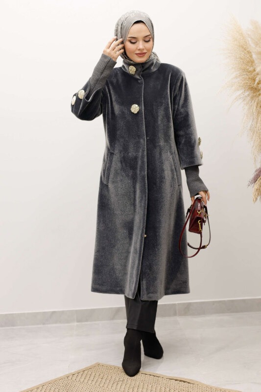 Kol Ucu Triko Detaylı Angora Fox Kaban TSD250246 Gri - 3