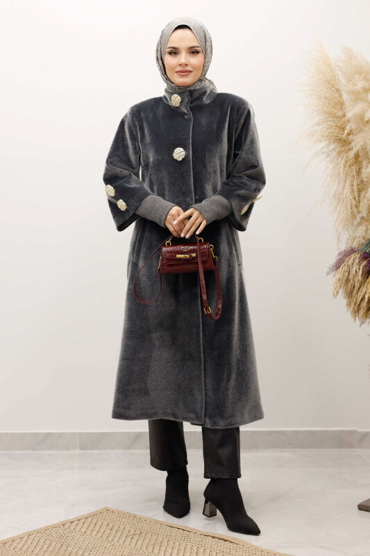 Kol Ucu Triko Detaylı Angora Fox Kaban TSD250246 Gri - 4