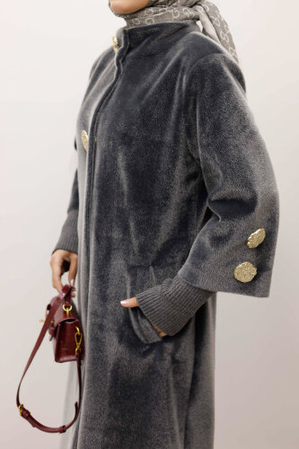 Kol Ucu Triko Detaylı Angora Fox Kaban TSD250246 Gri - 5