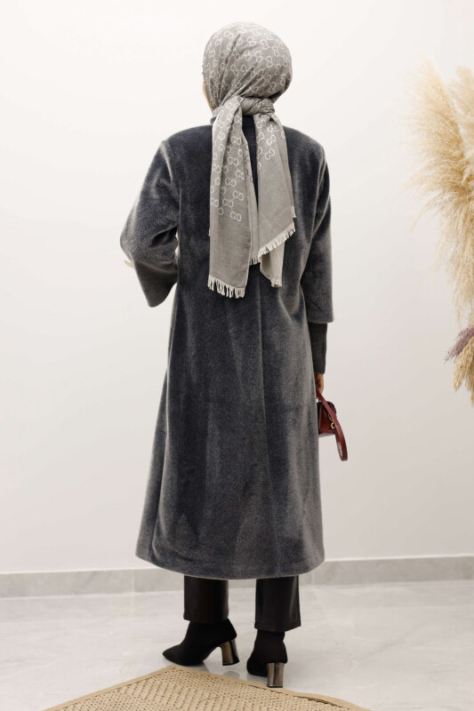 Kol Ucu Triko Detaylı Angora Fox Kaban TSD250246 Gri - 6