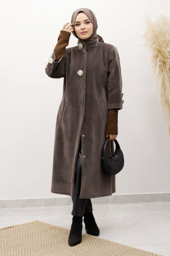 Kol Ucu Triko Detaylı Angora Fox Kaban TSD250246 Kahverengi - Tesettür Dünyası