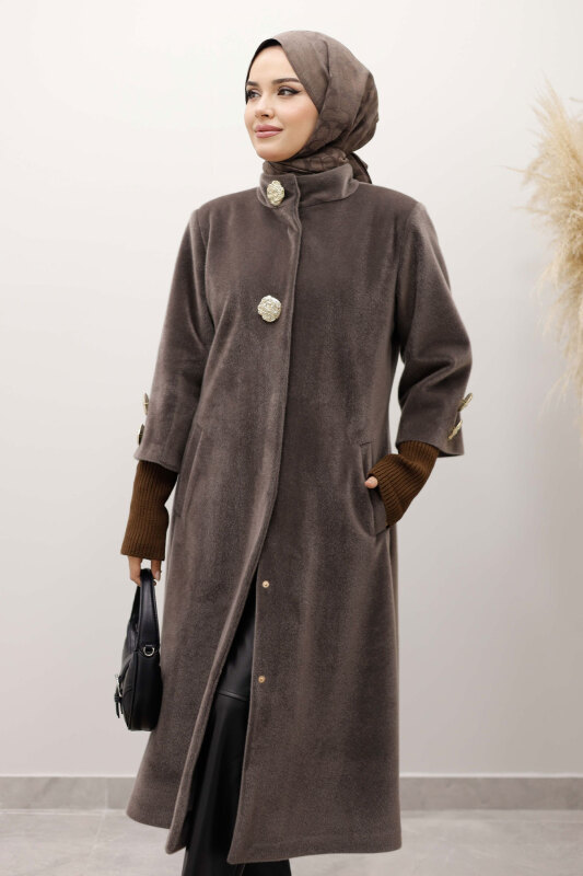Kol Ucu Triko Detaylı Angora Fox Kaban TSD250246 Kahverengi - Tesettür Dünyası (1)