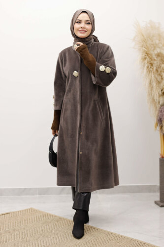 Kol Ucu Triko Detaylı Angora Fox Kaban TSD250246 Kahverengi - 3