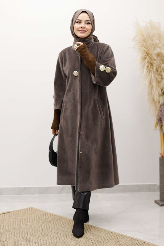 Kol Ucu Triko Detaylı Angora Fox Kaban TSD250246 Kahverengi - 3