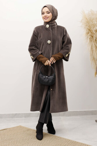 Kol Ucu Triko Detaylı Angora Fox Kaban TSD250246 Kahverengi - 4