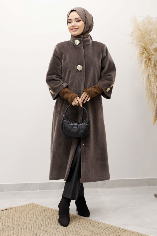 Kol Ucu Triko Detaylı Angora Fox Kaban TSD250246 Kahverengi - 4