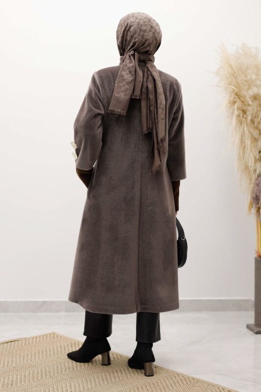 Kol Ucu Triko Detaylı Angora Fox Kaban TSD250246 Kahverengi - 6