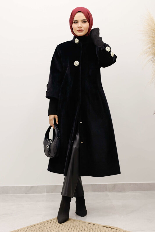 Kol Ucu Triko Detaylı Angora Fox Kaban TSD250246 Siyah - Tesettür Dünyası