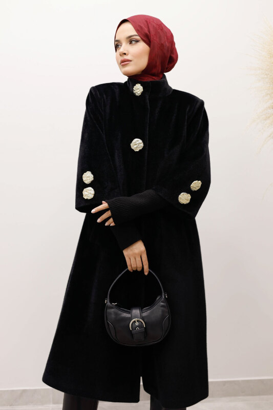 Kol Ucu Triko Detaylı Angora Fox Kaban TSD250246 Siyah - Tesettür Dünyası (1)