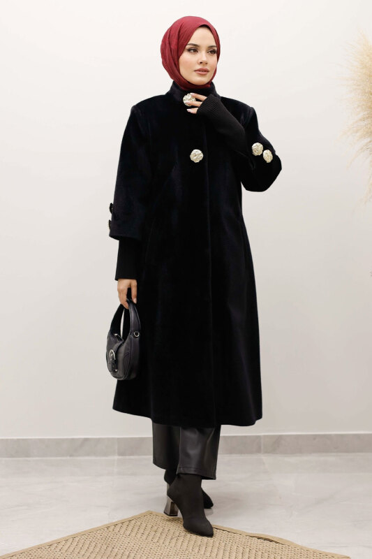 Kol Ucu Triko Detaylı Angora Fox Kaban TSD250246 Siyah - 3