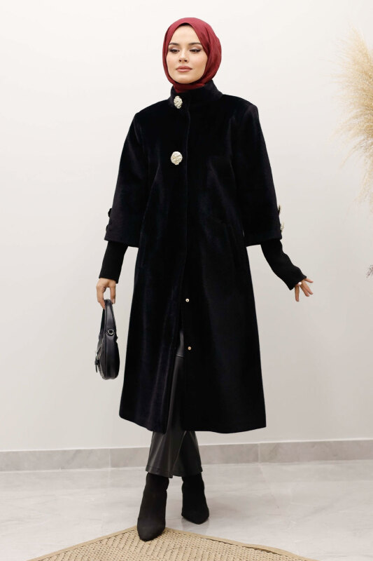 Kol Ucu Triko Detaylı Angora Fox Kaban TSD250246 Siyah - 4