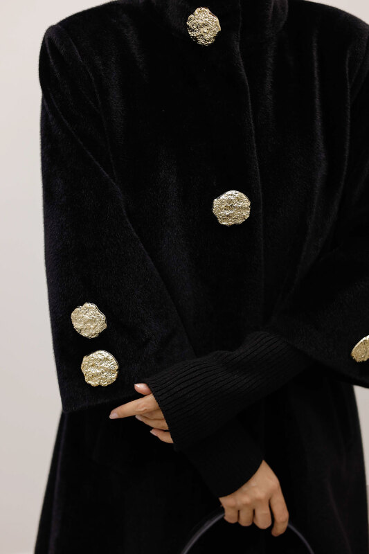 Kol Ucu Triko Detaylı Angora Fox Kaban TSD250246 Siyah - 5