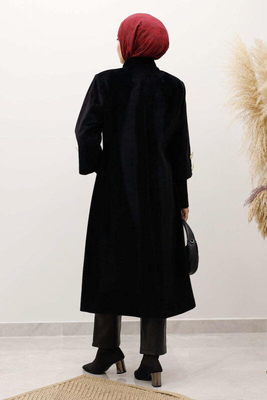 Kol Ucu Triko Detaylı Angora Fox Kaban TSD250246 Siyah - 6