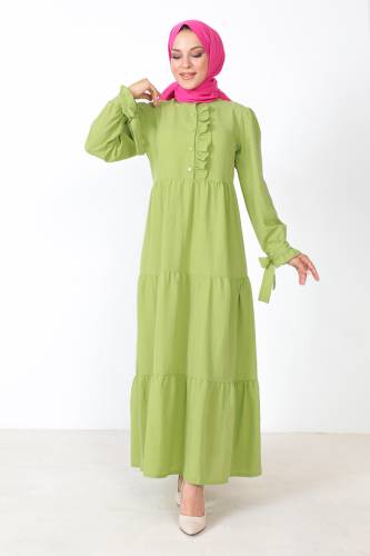 Kolu Bağlamalı Tesettür Elbise TSD221207 Fıstık Yeşili 