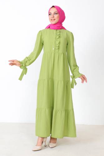 Kolu Bağlamalı Tesettür Elbise TSD221207 Fıstık Yeşili - 3