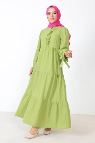 Kolu Bağlamalı Tesettür Elbise TSD221207 Fıstık Yeşili - 4