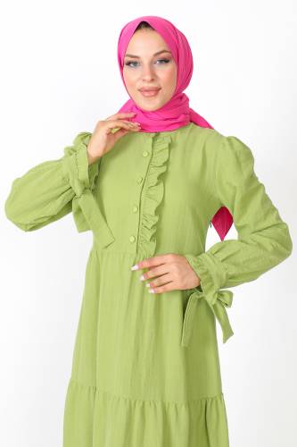 Kolu Bağlamalı Tesettür Elbise TSD221207 Fıstık Yeşili - 2