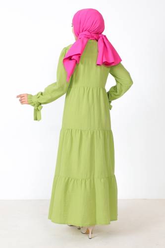Kolu Bağlamalı Tesettür Elbise TSD221207 Fıstık Yeşili - 5
