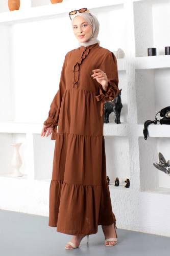 Kolu Bağlamalı Tesettür Elbise TSD221207 Kahverengi - 4