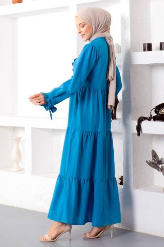 Kolu Bağlamalı Tesettür Elbise TSD221207 Mavi - 6