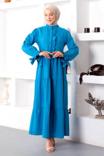Kolu Bağlamalı Tesettür Elbise TSD221207 Mavi - 4