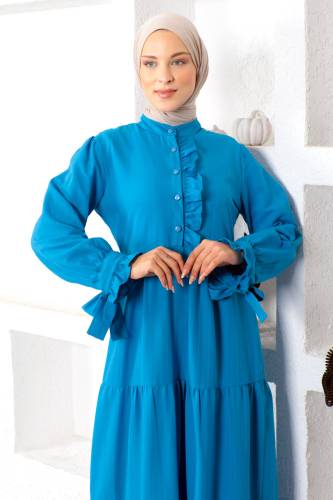 Kolu Bağlamalı Tesettür Elbise TSD221207 Mavi - 2