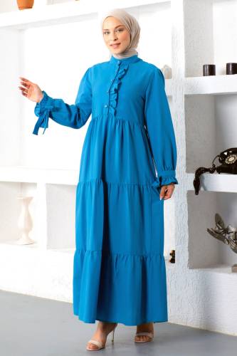 Kolu Bağlamalı Tesettür Elbise TSD221207 Mavi - 1