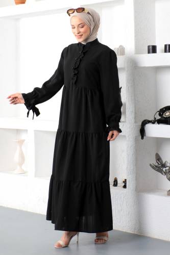 Kolu Bağlamalı Tesettür Elbise TSD221207 Siyah - 3