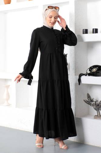 Kolu Bağlamalı Tesettür Elbise TSD221207 Siyah - 4