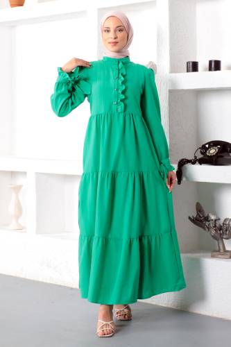 Kolu Bağlamalı Tesettür Elbise TSD221207 Yeşil 