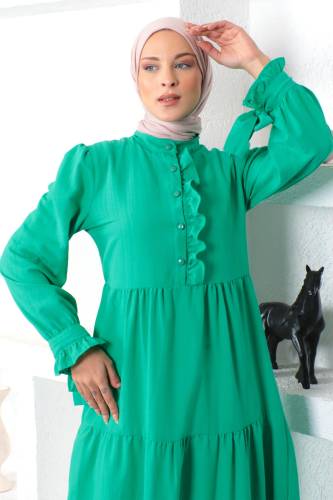 Kolu Bağlamalı Tesettür Elbise TSD221207 Yeşil - 2