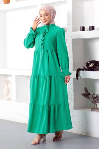 Kolu Bağlamalı Tesettür Elbise TSD221207 Yeşil - 4
