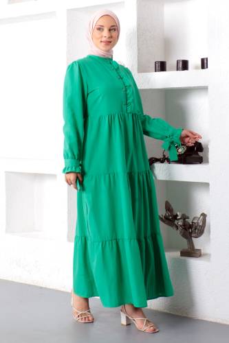 Kolu Bağlamalı Tesettür Elbise TSD221207 Yeşil - 5