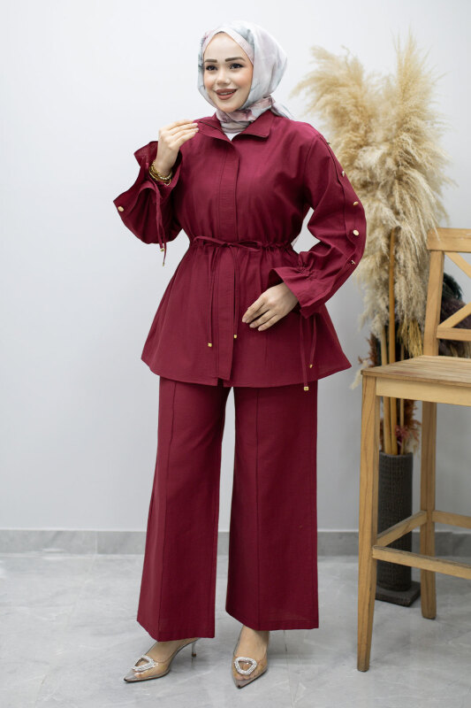 Kolu Düğme Detaylı Büzgülü İkili Takım TSD260183 Fuşya - 1