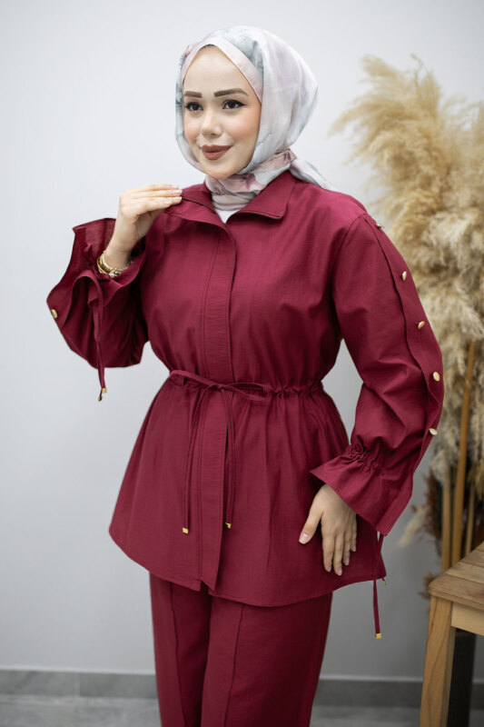 Kolu Düğme Detaylı Büzgülü İkili Takım TSD260183 Fuşya - 2