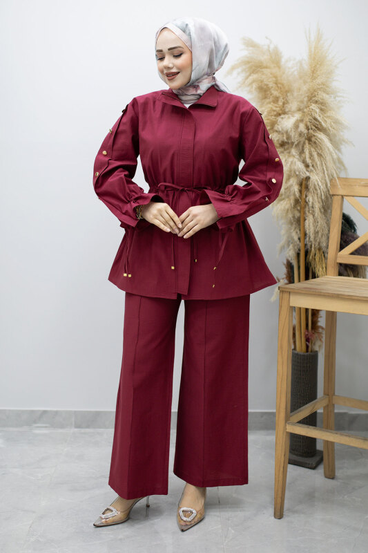 Kolu Düğme Detaylı Büzgülü İkili Takım TSD260183 Fuşya - 3