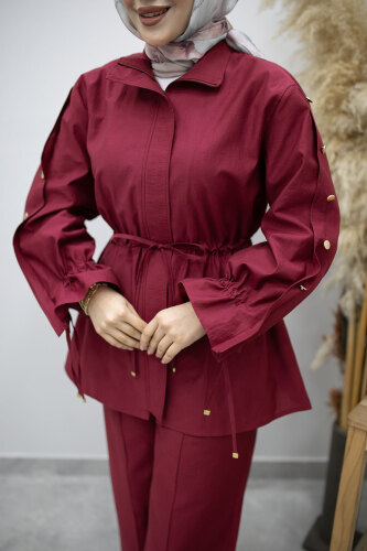 Kolu Düğme Detaylı Büzgülü İkili Takım TSD260183 Fuşya - 4