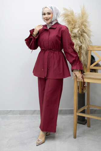 Kolu Düğme Detaylı Büzgülü İkili Takım TSD260183 Fuşya - 5