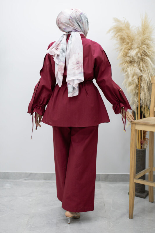 Kolu Düğme Detaylı Büzgülü İkili Takım TSD260183 Fuşya - 6