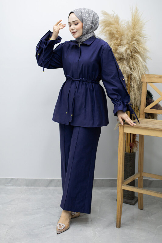 Kolu Düğme Detaylı Büzgülü İkili Takım TSD260183 İndigo - 1