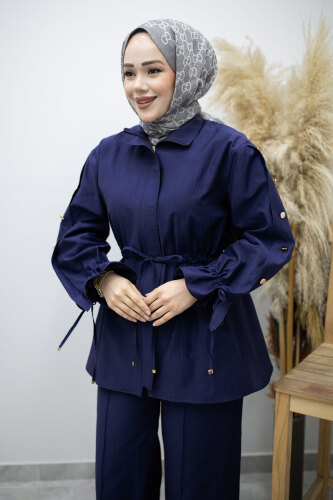Kolu Düğme Detaylı Büzgülü İkili Takım TSD260183 İndigo - 2
