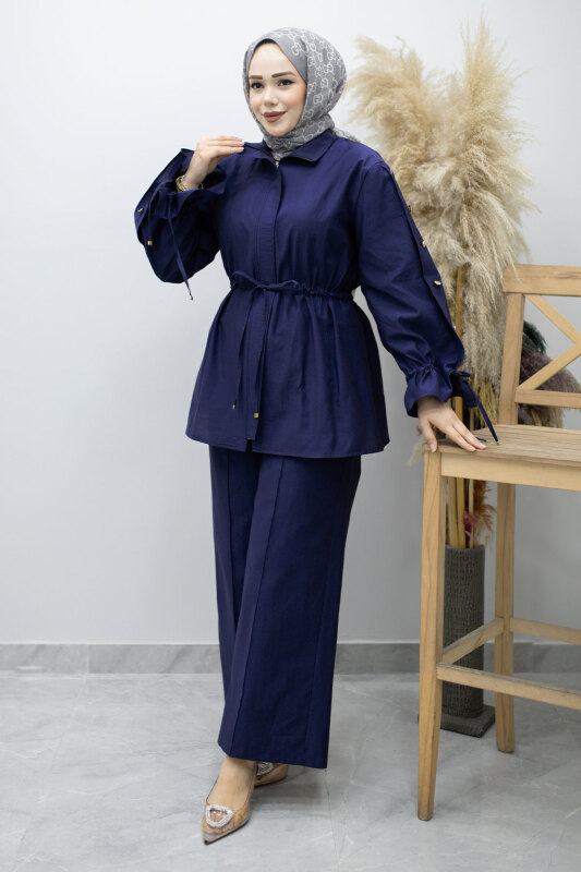 Kolu Düğme Detaylı Büzgülü İkili Takım TSD260183 İndigo - 3