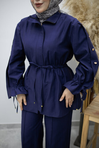 Kolu Düğme Detaylı Büzgülü İkili Takım TSD260183 İndigo - 4