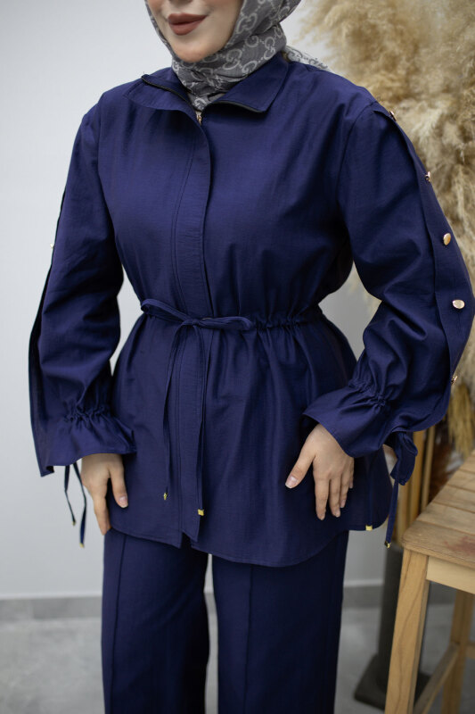 Kolu Düğme Detaylı Büzgülü İkili Takım TSD260183 İndigo - 4