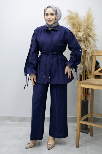 Kolu Düğme Detaylı Büzgülü İkili Takım TSD260183 İndigo - 5